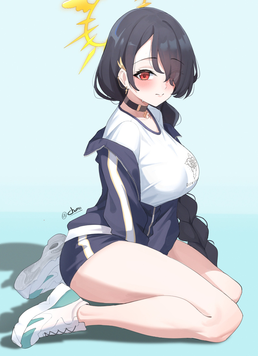 1girl absurdres alternate_costume artist_name black_choker black_hair blue_archive blue_background blue_jacket blue_shorts blush braid breasts choker closed_mouth cross cross_earrings earrings eyes_visible_through_hair from_side full_body hair_over_one_eye halo highres hinata_(blue_archive) jacket jewelry kurochomo large_breasts long_hair looking_at_viewer partially_unzipped red_eyes shirt shoes shorts simple_background sitting sneakers solo thighs very_long_hair white_shirt white_shoes yellow_halo yokozuwari