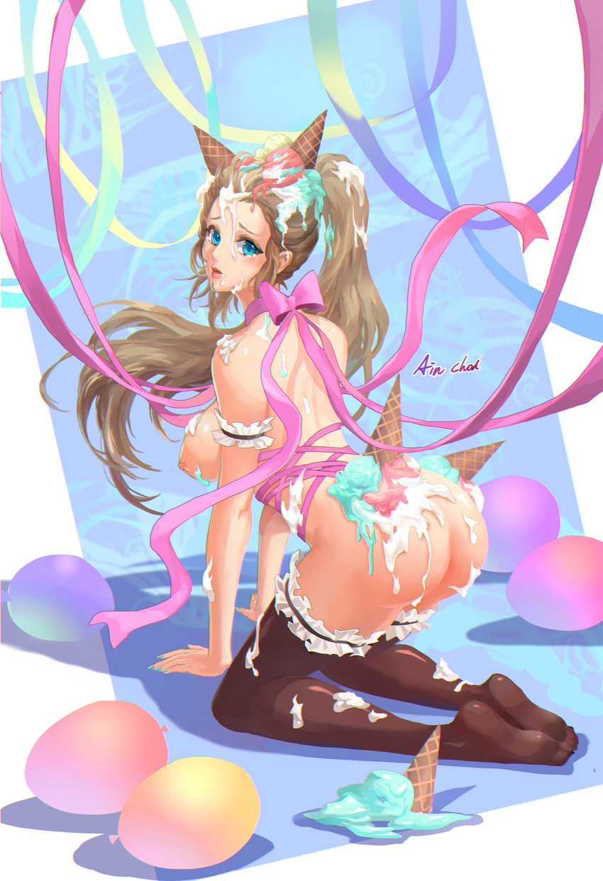 ain_choiwet all_fours aqua_nails back balloon black_legwear blue_eyes blush breasts brown_hair choker food food_on_body food_on_face food_on_head food_on_legs food_on_shoulders from_behind full_body garters highres ice_cream ice_cream_cone ice_cream_cone_on_head ice_cream_cone_spill large_breasts lips long_hair nail_polish naked_ribbon nipples no_shoes nude object_on_head original pink_ribbon ponytail ribbon ribbon_choker shadow solo suggestive_fluid tears thighhighs waffle_cone