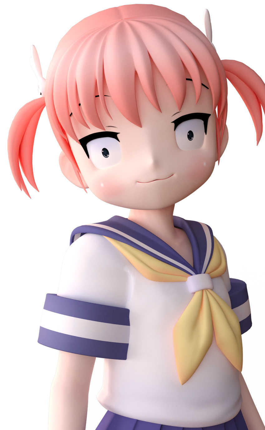1girl 3d artist_request black_background character_request child copyright_request female hair_ornament looking_at_viewer pink_hair school_uniform serafuku short_hair simple_background skirt solo twintails what
