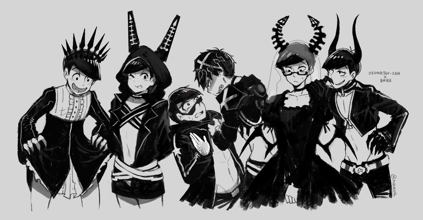 :d ;3 armor arms_behind_back back bangs belt black_dress black_gold_saw black_gold_saw_(cosplay) black_rock_shooter black_rock_shooter_(character) black_rock_shooter_(character)_(cosplay) blush bowl_cut brothers center_frills chariot_(black_rock_shooter) chariot_(black_rock_shooter)_(cosplay) choker claws clenched_teeth closed_mouth clothes_grab collar copyright_name cosplay cowboy_shot crop_top cropped_jacket cross crossdressing crown dead_master dead_master_(cosplay) dress dress_lift embarrassed eye_contact frown glasses greyscale groin hand_on_hip hood horns insane_black_rock_shooter insane_black_rock_shooter_(cosplay) jacket legs_apart long_sleeves looking_at_another looking_at_viewer looking_down loose_belt male_focus matsuno_choromatsu matsuno_ichimatsu matsuno_juushimatsu matsuno_karamatsu matsuno_osomatsu matsuno_todomatsu meoon midriff monochrome multiple_boys nafhe nafhe_(cosplay) navel open_clothes open_jacket open_mouth osomatsu-kun osomatsu-san palms profile scared semi-rimless_eyewear sextuplets shade shaded_face sharp_teeth short_shorts shorts siblings sketch smile star star_print stomach sunglasses tears teeth track_jacket twitter_username under-rim_eyewear v_arms veil wiping_nose zipper