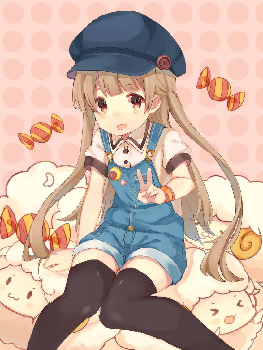:3 absurdres black_legwear blue_hat blush brown_hair buttons candy eyebrows_visible_through_hair food hat highres long_hair looking_at_viewer open_mouth orange_eyes original overalls sencha_(senta_10) sheep smile solo thighhighs twintails v wristband