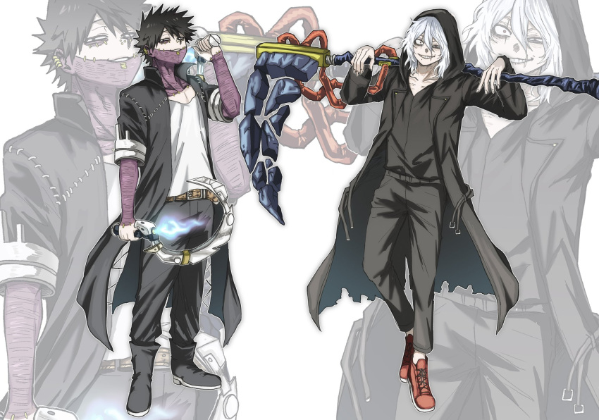 2boys ametaro_(ixxxzu) black_coat black_hair black_pants black_shirt black_shoes boku_no_hero_academia coat dabi_(boku_no_hero_academia) full_body grin highres holding holding_weapon looking_at_viewer male_focus medium_hair multiple_boys pants red_eyes red_shoes shigaraki_tomura shirt shoes short_hair smile teeth weapon white_hair