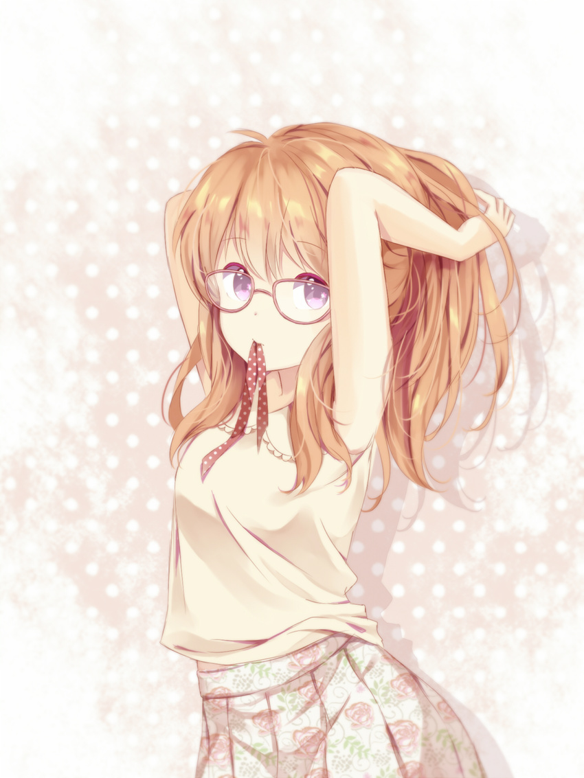 alternate_hairstyle arm_behind_head arms_up bespectacled brown_hair floral_print gekkan_shoujo_nozaki-kun glasses hands_in_hair highres long_hair looking_at_viewer mouth_hold polka_dot purple_eyes red-framed_eyewear red_ribbon ribbon sakura_chiyo shirt silhouette skirt sleeveless sleeveless_shirt solo tamagoyaki_(megane-daisuki) yellow_shirt