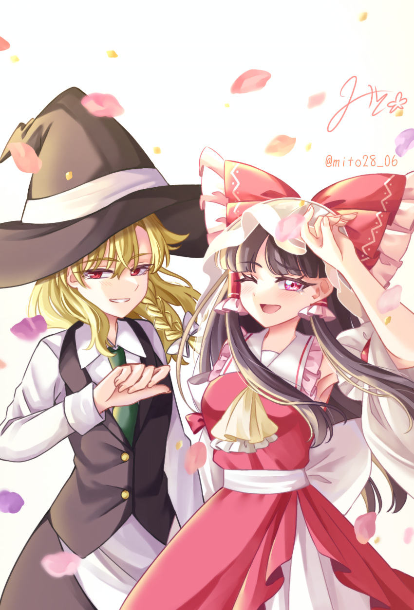 2girls apron artist_name ascot black_skirt black_vest blonde_hair blush bow braid breasts brown_hair collared_shirt commentary_request detached_sleeves falling_petals frilled_bow frilled_hair_tubes frills green_necktie grin hair_bow hair_tubes hakurei_reimu hat highres kirisame_marisa long_hair long_sleeves mito_(fate) multiple_girls necktie one_eye_closed open_mouth petals red_bow red_eyes red_skirt ribbon_trim shirt side_braid signature single_braid skirt skirt_set smile touhou vest waist_apron white_apron white_bow white_shirt witch_hat