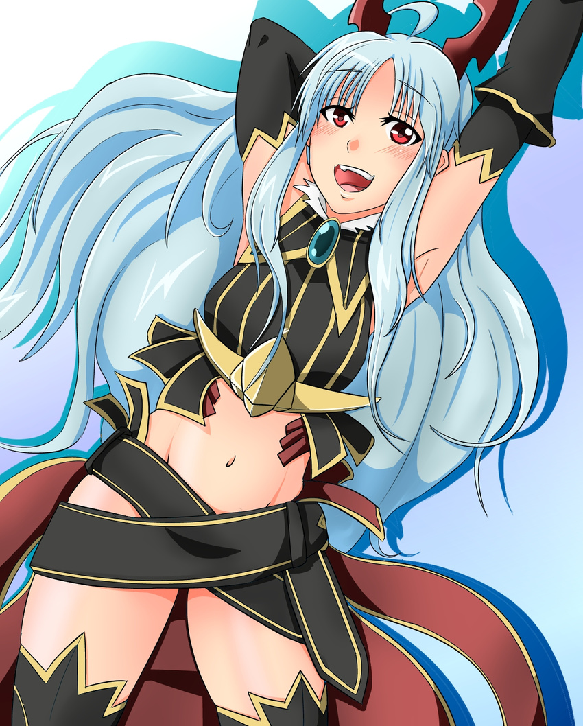 aliasse armpits bad_id bad_pixiv_id black_gloves black_legwear blue_hair elbow_gloves gloves groin highres hirose_geronimo long_hair navel open_mouth red_eyes senjou_no_valkyria senjou_no_valkyria_2 solo thighhighs