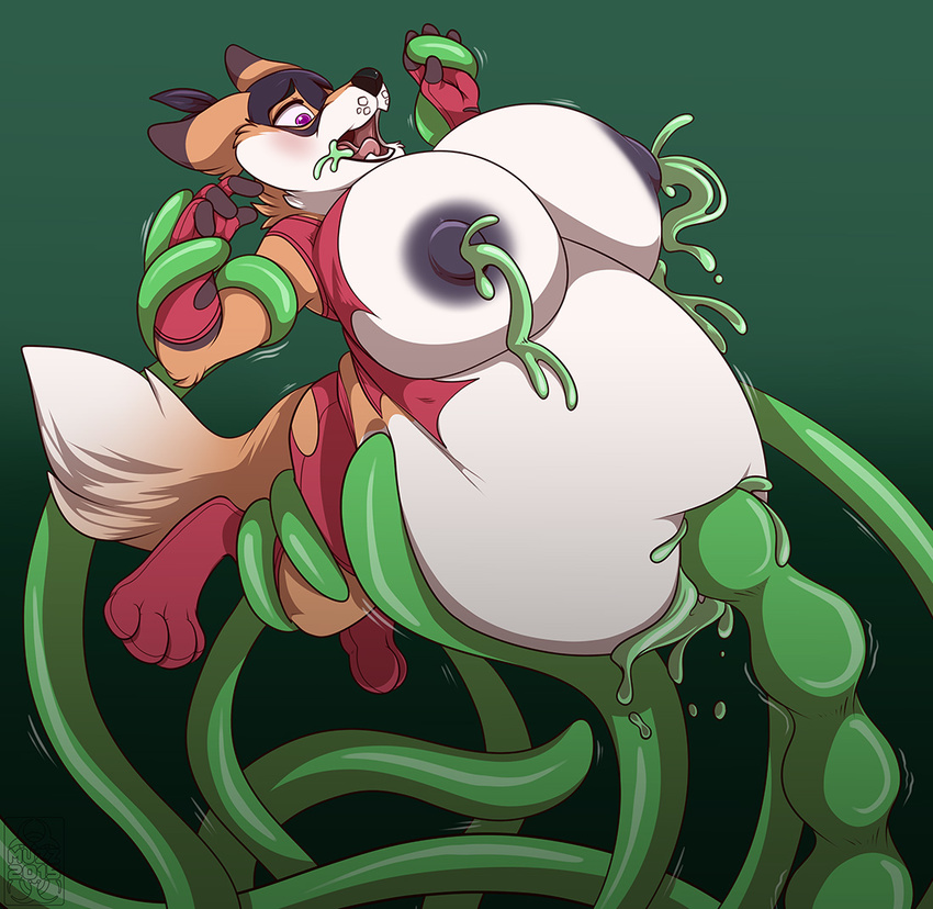 anthro belly belly_inflation big_belly breasts canine clothing forced fox fur goo inflation male mammal mask muzz navel navel_ejaculation navel_penetration nipples open_mouth penetration rape slime tentacle_rape tentacles torture
