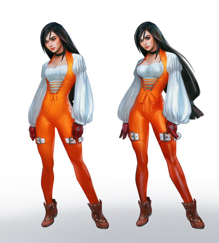 1girl black_choker black_hair blunt_ends bodysuit boots breasts brown_boots choker closed_mouth crystal_fae final_fantasy final_fantasy_ix full_body garnet_til_alexandros_xvii gloves hair_between_eyes hair_tie highres long_hair long_sleeves looking_at_viewer looking_to_the_side low-tied_long_hair medium_breasts multiple_views orange_bodysuit puffy_long_sleeves puffy_sleeves red_gloves shirt solo standing thigh_strap underbust white_background white_shirt