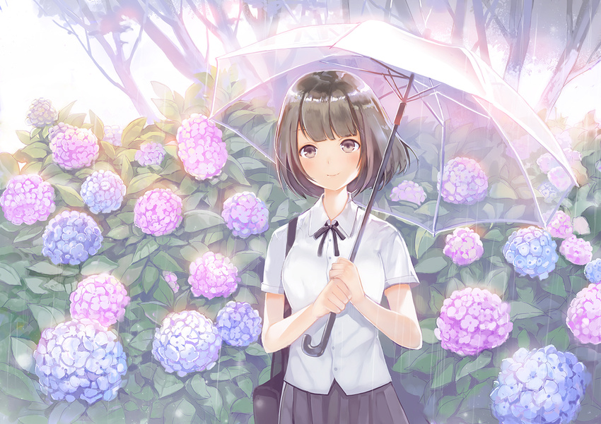 bag bangs black_eyes black_hair black_skirt blunt_bangs bob_cut bush collared_shirt commentary_request dress_shirt flower holding holding_umbrella hydrangea looking_at_viewer neck_ribbon original pleated_skirt rain ribbon school_bag school_uniform shirt short_sleeves sibyl skirt smile solo transparent transparent_umbrella umbrella white_shirt