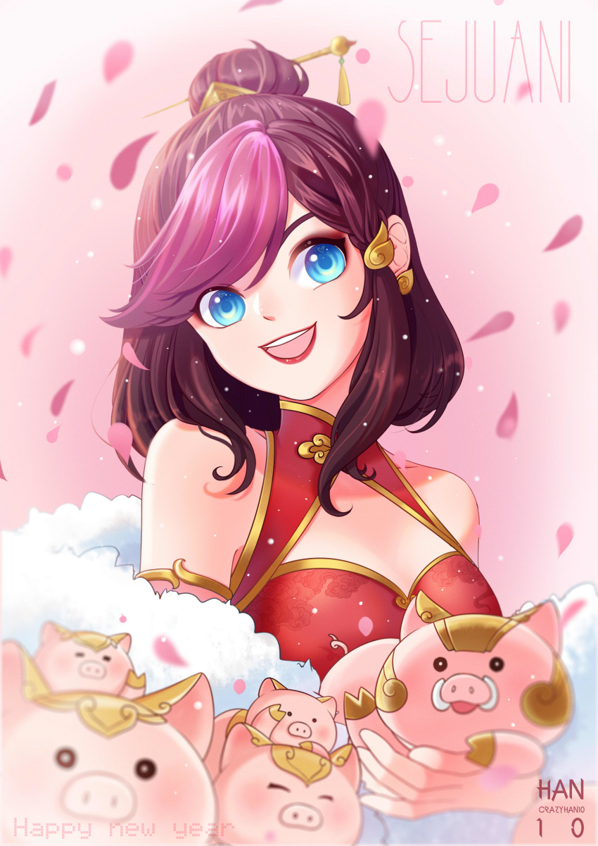 1girl china_dress chinese_clothes dress firecracker_sejuani league_of_legends lipstick makeup pig purple_hair sejuani short_hair