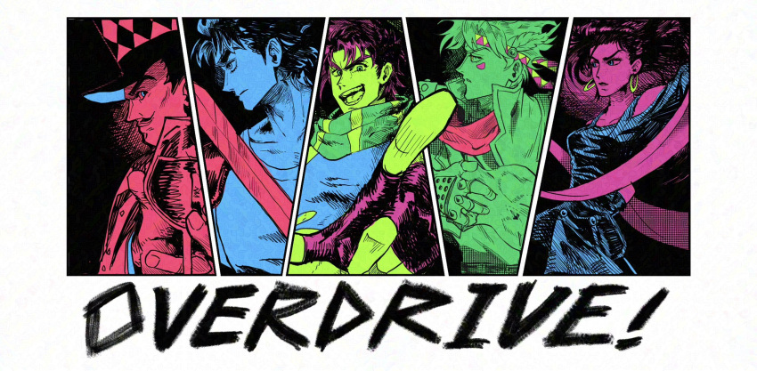 1girl 4boys argyle_clothes argyle_hat battle_tendency blue_theme caesar_anthonio_zeppeli commentary_request dress english_text feather_hair_ornament feathers fingerless_gloves gloves grandfather_and_grandson green_scarf green_theme hair_ornament hat headband highres holding holding_sword holding_weapon jacket jocold3000 jojo_no_kimyou_na_bouken jonathan_joestar joseph_joestar joseph_joestar_(young) limited_palette lisa_lisa luck_and_pluck multiple_boys multiple_monochrome phantom_blood pink_headband pink_sleeves pink_thong popped_collar red_gloves red_theme scarf striped_clothes striped_scarf sword top_hat triangle_print weapon will_anthonio_zeppeli