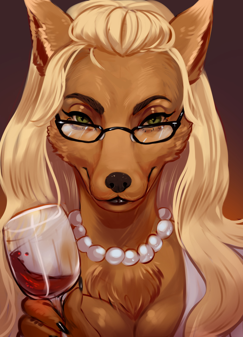 alcohol anthro beverage black_claws black_lips black_nose blonde_hair breasts brown_fur bust_portrait canine cheek_tuft chest_tuft claws cleavage clothed clothing digital_media_(artwork) digital_painting_(artwork) dzou ears_up eyebrows eyelashes eyewear female food fox front_view fur gem glasses gradient_background grin hair head_tilt hi_res holding_object humanoid_hands jewelry long_hair looking_at_viewer mammal mature_female necklace pearl_(gem) portrait seductive shaded shantika shirt simple_background slit_pupils snout tuft white_sclera wine wine_glass