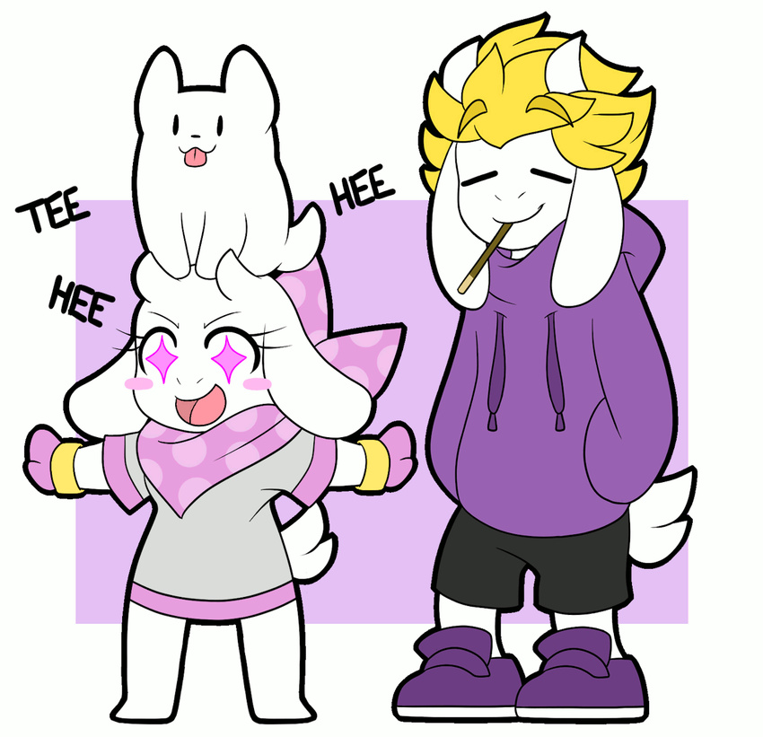 animated annoying_dog_(undertale) asgore_dreemurr bandanna blonde_hair clothed clothing dialogue dress english_text friisans gloves group hair hoodie pocky shorts sneakers switchtale text toriel underswap undertale video_games