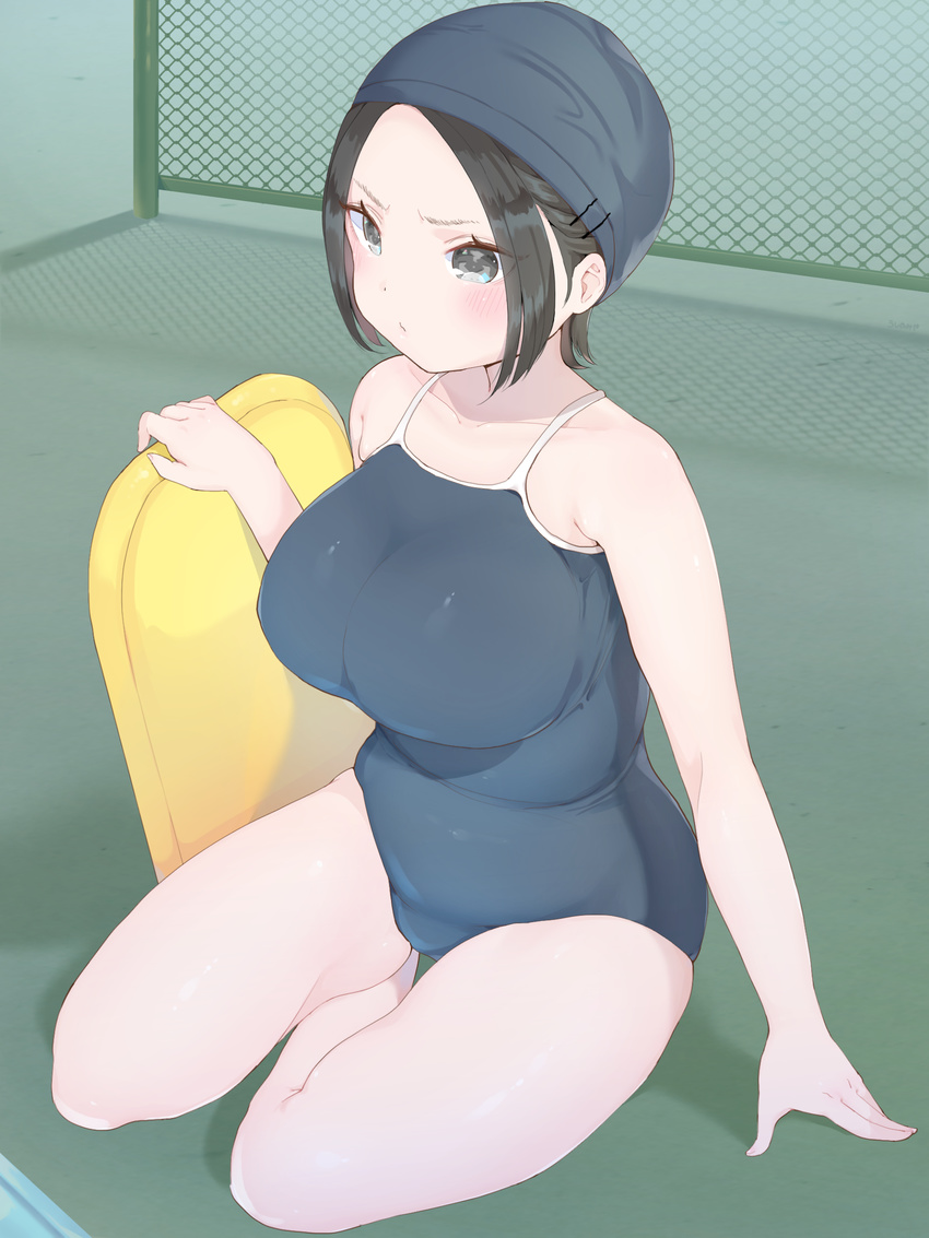 absurdres bare_shoulders belly breasts brown_eyes brown_hair chain-link_fence competition_school_swimsuit fence forehead highres kickboard large_breasts md5_mismatch one-piece_swimsuit original plump pout short_hair sitting solo swim_cap swimsuit thighs ushinomiya