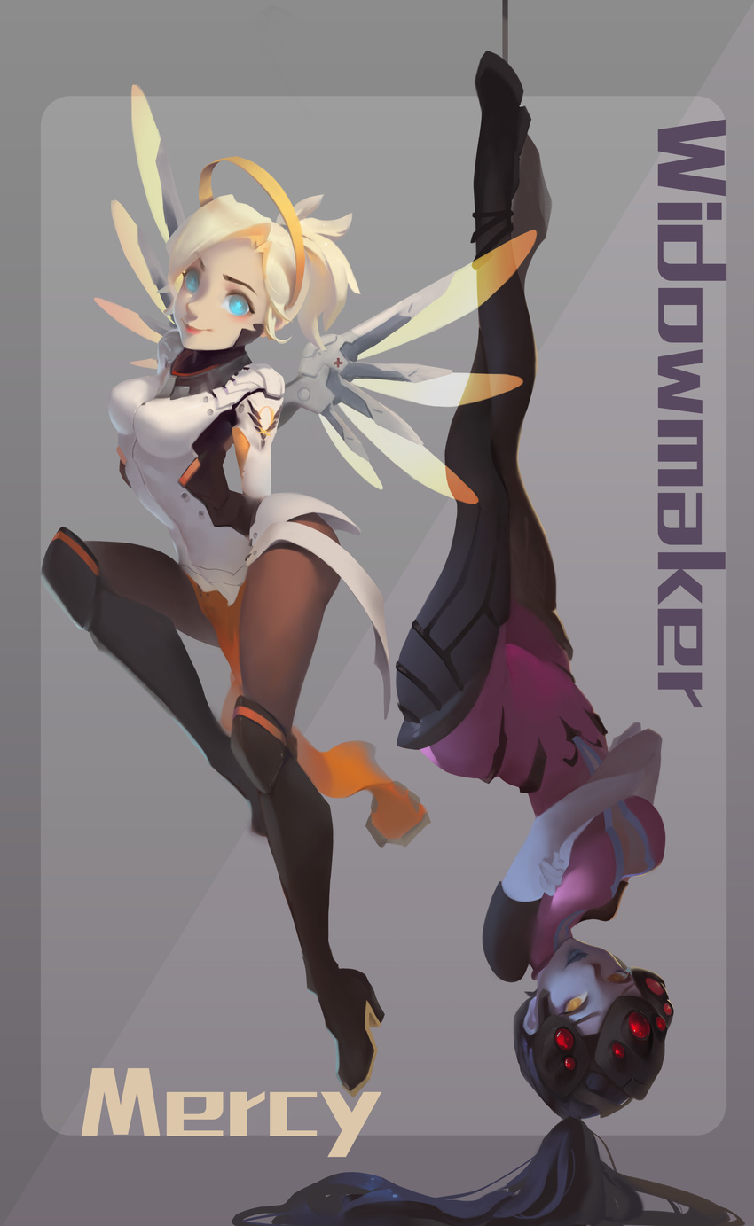 absurdres bing_bing blonde_hair blue_eyes bodysuit breasts brown_legwear cable character_name gloves head_mounted_display high_ponytail highres lips long_hair mechanical_halo mechanical_wings medium_breasts mercy_(overwatch) multiple_girls overwatch pantyhose pink_bodysuit ponytail purple_hair purple_skin short_hair smile upside-down widowmaker_(overwatch) wings yellow_eyes