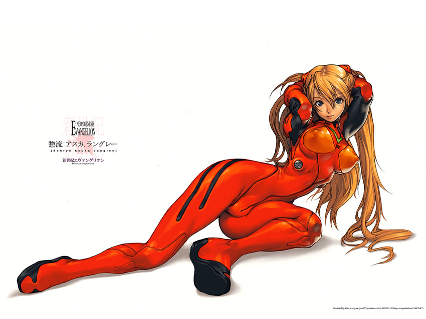 alternate_breast_size arms_behind_head arms_up bangs blue_eyes bodysuit bracer breasts character_name company_name copyright_name covered_nipples gloves hair_between_eyes hair_ornament kim_hyung_tae large_breasts lips logo long_hair looking_at_viewer lying narrow_waist neon_genesis_evangelion nerv number on_side orange_hair pilot_suit plugsuit reclining red_bodysuit shadow simple_background solo souryuu_asuka_langley turtleneck two_side_up very_long_hair wallpaper watermark web_address white_background wide_hips