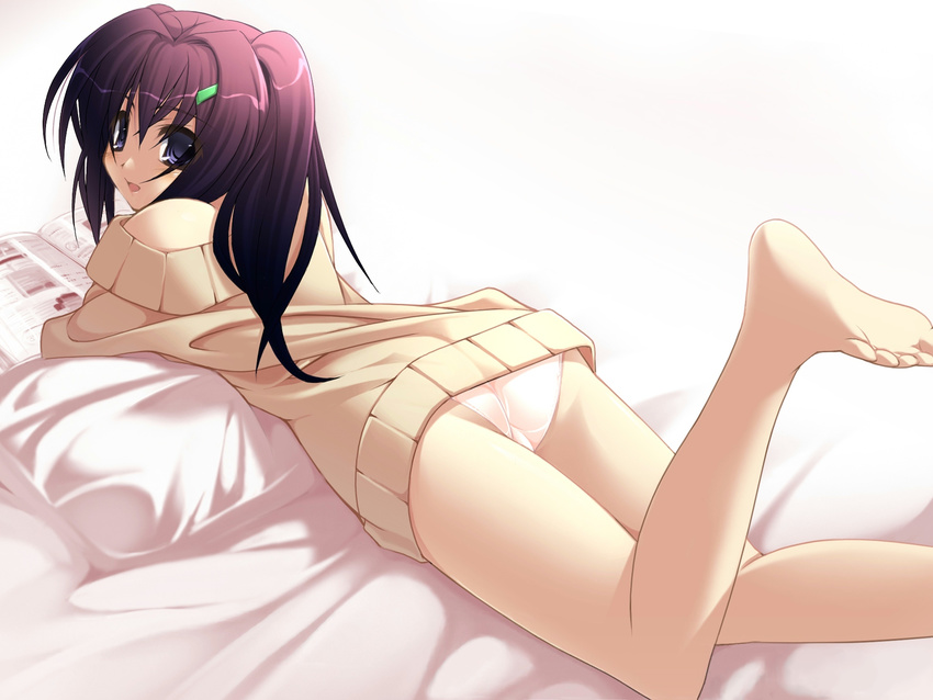 ass bare_shoulders barefoot bed blue_eyes blush book character_request copyright_request feet hair_ornament hairclip highres holding holding_book legs_up long_hair looking_back lying ninozen on_stomach open_book panties pantyshot pantyshot_(lying) pillow purple_hair reading reference_work simple_background solo sweater the_pose underwear wallpaper white_background white_panties