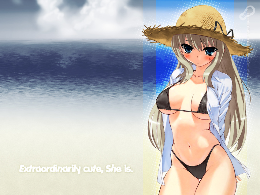 bikini blonde_hair highres inu kusugawa_sasara long_hair long_sleeves open_clothes open_shirt shirt solo swimsuit third-party_edit to_heart_2 wallpaper