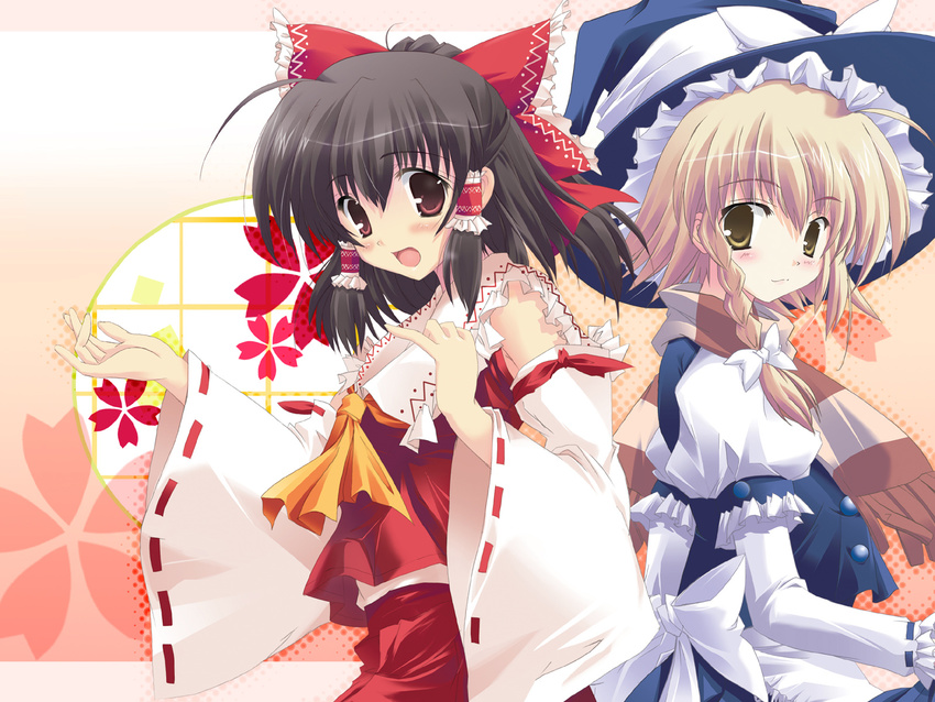 ascot blush bow brown_eyes detached_sleeves hair_bow hakurei_reimu happy_birthday_(artist) hat highres juliet_sleeves kirisame_marisa long_sleeves looking_at_viewer multiple_girls puffy_sleeves red_bow ribbon-trimmed_sleeves ribbon_trim tareme touhou wallpaper witch_hat yellow_eyes