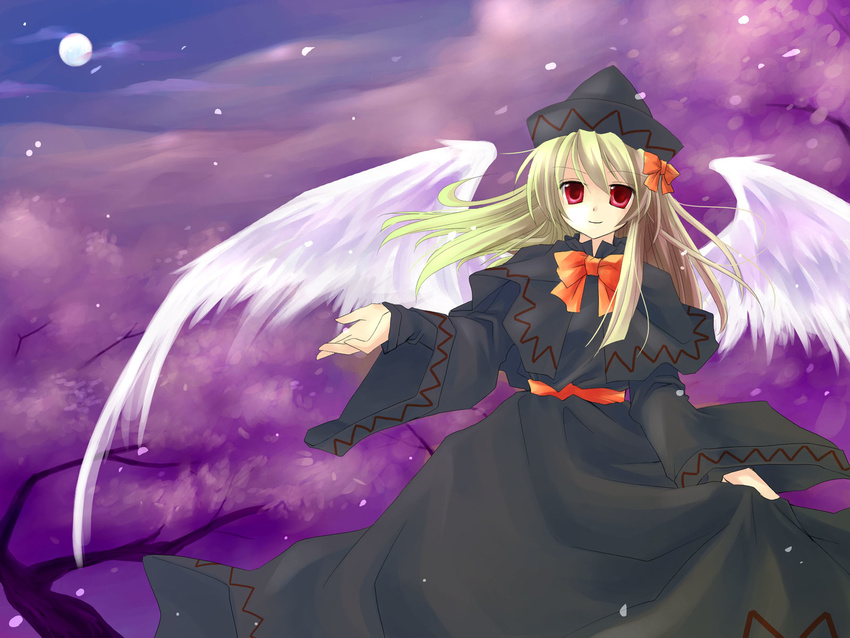 asahina bad_id bangs black_dress black_hat blonde_hair bow bowtie capelet cherry_blossoms dress eyebrows_visible_through_hair full_moon hair_bow hat highres layered_sleeves lily_black lily_white long_sleeves looking_at_viewer medium_hair moon night orange_bow orange_neckwear outdoors red_eyes sash smile solo touhou tree wide_sleeves wings