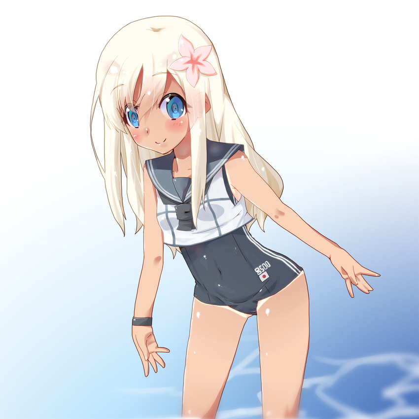 blonde_hair blue_eyes blush crop_top flower hair_between_eyes hair_flower hair_ornament highres kantai_collection leaning_forward long_hair miiyon one-piece_tan ro-500_(kantai_collection) sailor_collar school_swimsuit smile solo swimsuit swimsuit_under_clothes tan tanline