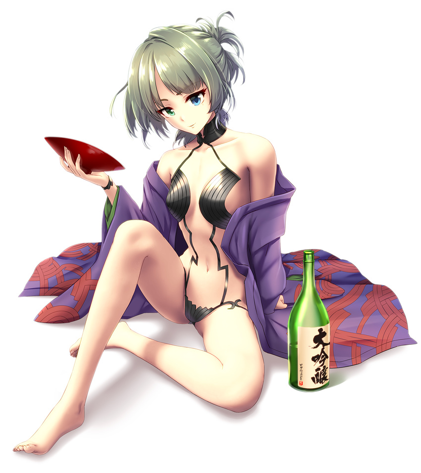 alcohol bare_legs bare_shoulders barefoot bottle breasts collarbone cosplay cup eyebrows eyebrows_visible_through_hair fate/grand_order fate_(series) green_eyes green_hair head_tilt heterochromia highres holding idolmaster idolmaster_cinderella_girls infinote japanese_clothes jewelry kimono looking_at_viewer navel neck_ring off_shoulder open_clothes open_kimono revealing_clothes sakazuki sake sake_bottle short_hair shuten_douji_(fate/grand_order) shuten_douji_(fate/grand_order)_(cosplay) simple_background sitting small_breasts smile solo spread_legs stomach takagaki_kaede toes white_background wrist_cuffs