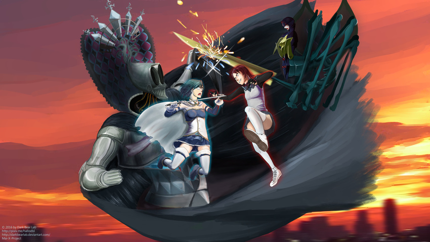 absurdres artist_name battle blue_footwear blue_hair blue_skirt bug building cape child_(my-hime) claw_(weapon) claws crazy_eyes crazy_smile crossover crown cutlass_(sword) dark_bear_lab_(artist) dusk gloves highres holding holding_arm holding_weapon julia_(my-hime) magical_girl mahou_shoujo_madoka_magica miki_sayaka monster my-hime oktavia_von_seckendorff red_hair school_uniform serafuku shoes skirt sneakers sparks spider sword thighhighs weapon white_gloves white_legwear witch_(madoka_magica) yuuki_nao