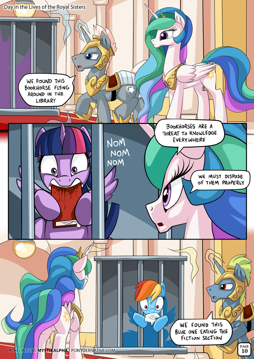 2016 book comic dialogue eating english_text equine female feral friendship_is_magic horn male mammal my_little_pony mysticalpha pegasus princess_celestia_(mlp) rainbow_dash_(mlp) royal_guard_(mlp) text twilight_sparkle_(mlp) unicorn winged_unicorn wings