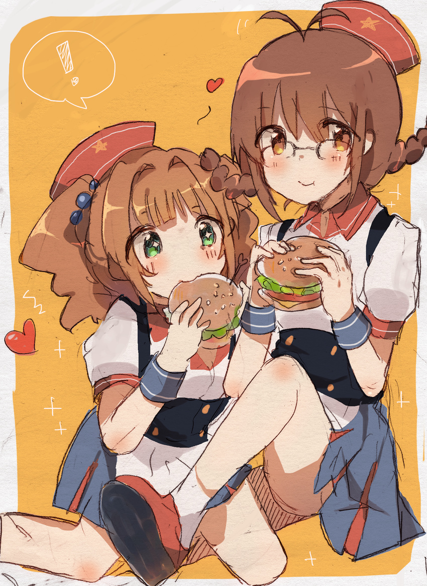 2girls :3 :t akizuki_ritsuko antenna_hair bad_id bad_pixiv_id blush brown_eyes brown_hair burger_skater_(idolmaster) eating food glasses green_eyes hamburger heart highres idolmaster idolmaster_(classic) multiple_girls nishina_ryo orange_hair spoken_exclamation_mark star star-shaped_pupils symbol-shaped_pupils takatsuki_yayoi thighs traditional_media twintails