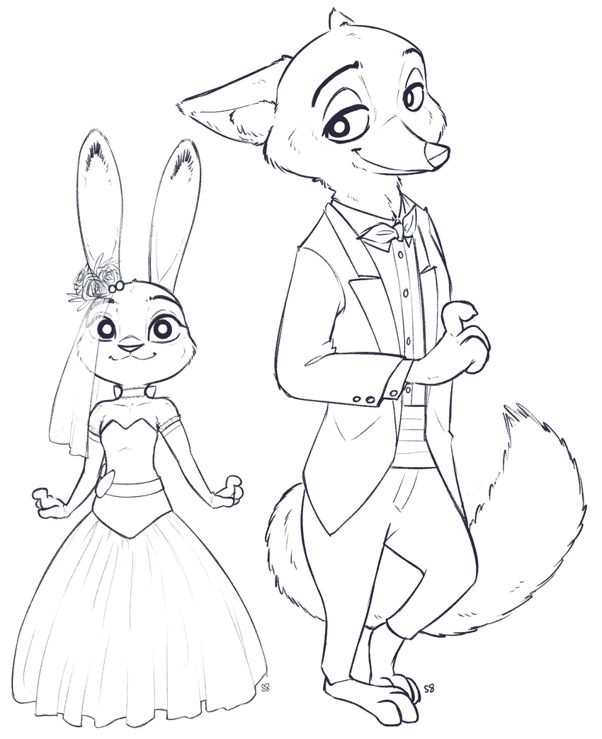 2016 anthro canine clothed clothing cute digital_media_(artwork) disney dress female fox fur happy judy_hopps lagomorph love male mammal nick_wilde pants predator/prey rabbit simple_background smile suit wedding white_background zootopia