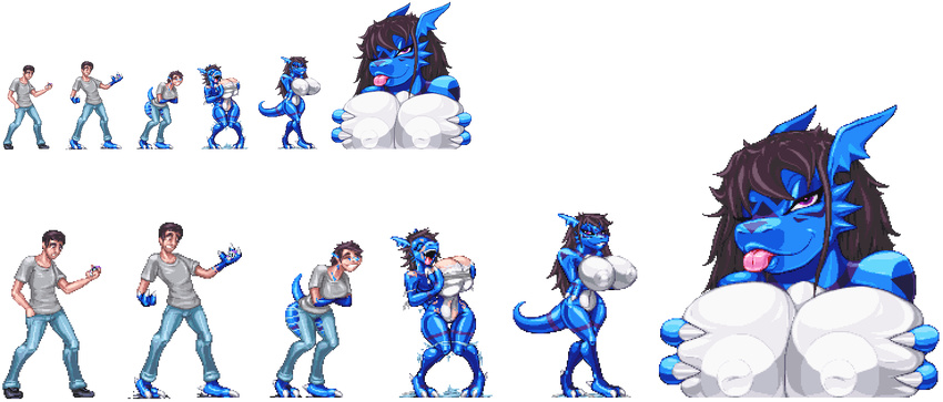 alpha_channel alternate_color big_breasts breast_grab breast_squish breasts brown_hair casetermk clothing digimon digital_media_(artwork) female gender_transformation guilmon hair hand_on_breast huge_breasts human male mammal nipples pixel_(artwork) pose scalie tongue tongue_out torn_clothing transformation voluptuous wide_hips