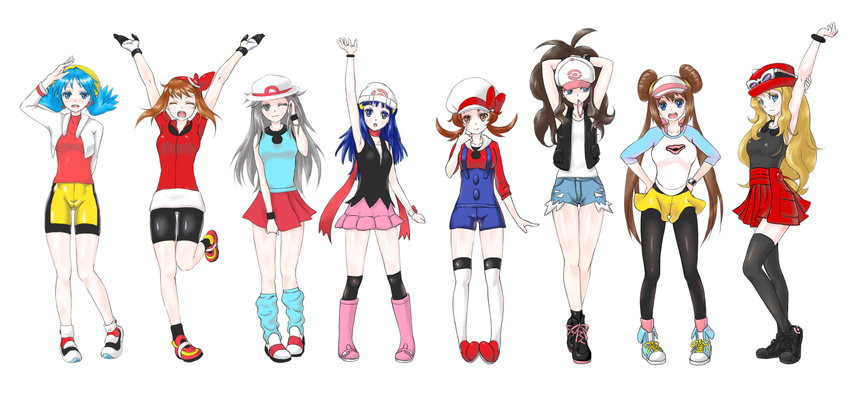 adjusting_hair akanbe aqua_eyes aqua_legwear arm_behind_back arm_behind_head arm_holding arm_up armpits arms_behind_head arms_up artist_request bandanna baseball_cap beanie bike_shorts black_hair black_legwear blonde_hair blue_(pokemon) blue_eyes blue_hair blush boots bracelet breast_envy breasts brown_eyes brown_hair cabbie_hat cropped_jacket crystal_(pokemon) double_bun eyes_closed female full_body gloves goggles goggles_on_hat hair_ornament hair_tucking hands_on_hips haruka_(pokemon) hat hikari_(pokemon) jacket jewelry kotone_(pokemon) leg_up lineup long_hair long_sleeves looking_at_another looking_at_viewer looking_to_the_side mei_(pokemon) mouth_hold multiple_girls nintendo one_eye_closed open_mouth overalls pantyhose pokemon pokemon_(game) pokemon_bw pokemon_bw2 pokemon_dppt pokemon_frlg pokemon_gsc pokemon_hgss pokemon_rse pokemon_xy poketch ponytail rubber_band scarf serena_(pokemon) shoes short_sleeves shorts silver_eyes silver_hair simple_background skirt sleeveless sleeveless_shirt smile sneakers socks standing standing_on_one_leg tank_top thighhighs touko_(pokemon) twintails tying_hair vest visor_cap watch white_background white_legwear wink wristband wristwatch