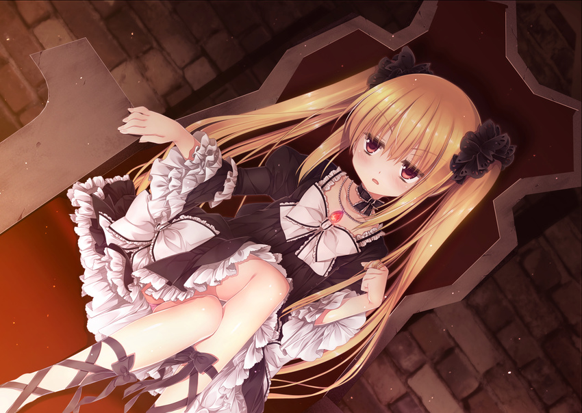 blonde_hair brown_eyes choker dress game_cg goth-loli iris_pumila kyuuketsu_hime_no_libra lolita_fashion long_hair miyasu_risa necklace onomatope* panties twintails underwear