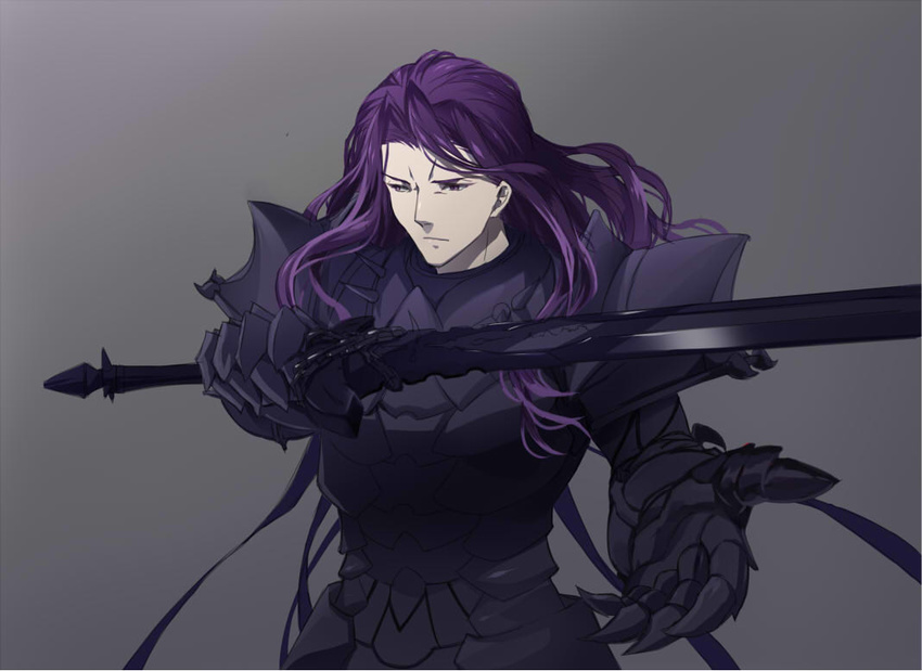 armor arondight berserker_(fate/zero) fate/zero fate_(series) gauntlets grey_background holding holding_sword holding_weapon lancelot_(fate/zero) long_hair male_focus purple_eyes purple_hair shoulder_armor simple_background solo spaulders spoilers sword weapon ycco_(estrella)