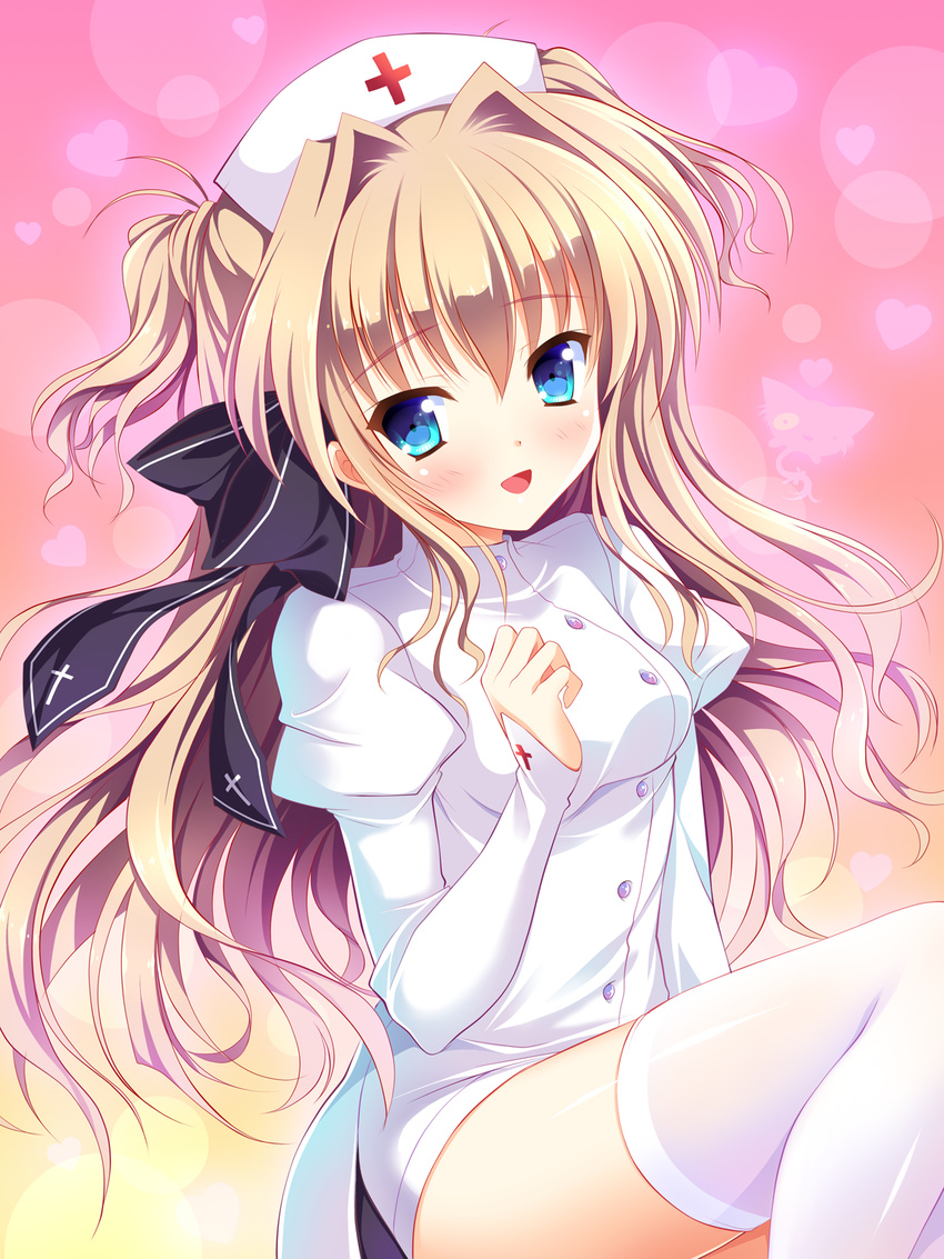 :d bangs bashen_chenyue black_ribbon blonde_hair blue_eyes blush breasts buttons cross_print eyebrows eyebrows_visible_through_hair gradient gradient_background hair_between_eyes hair_intakes hair_ribbon hat heart highres juliet_sleeves lens_flare long_hair long_sleeves looking_at_viewer mashiroiro_symphony medium_breasts nurse nurse_cap open_mouth pink_background puffy_sleeves ribbon sena_airi sitting smile solo thighhighs two-tone_background two_side_up white_legwear