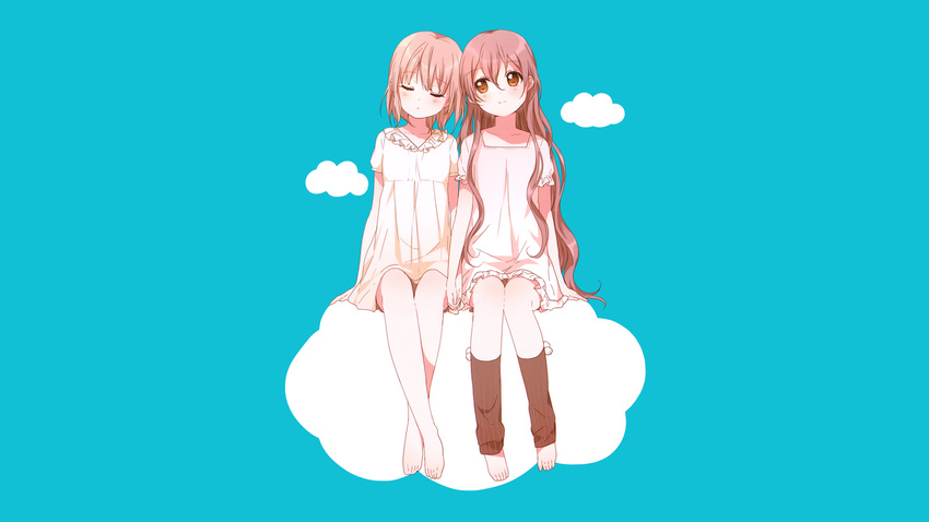 2girls barefoot blush brown_eyes clouds cyan dress long_hair namori original photoshop pink_hair purple_hair red_eyes scan short_hair shoujo_ai