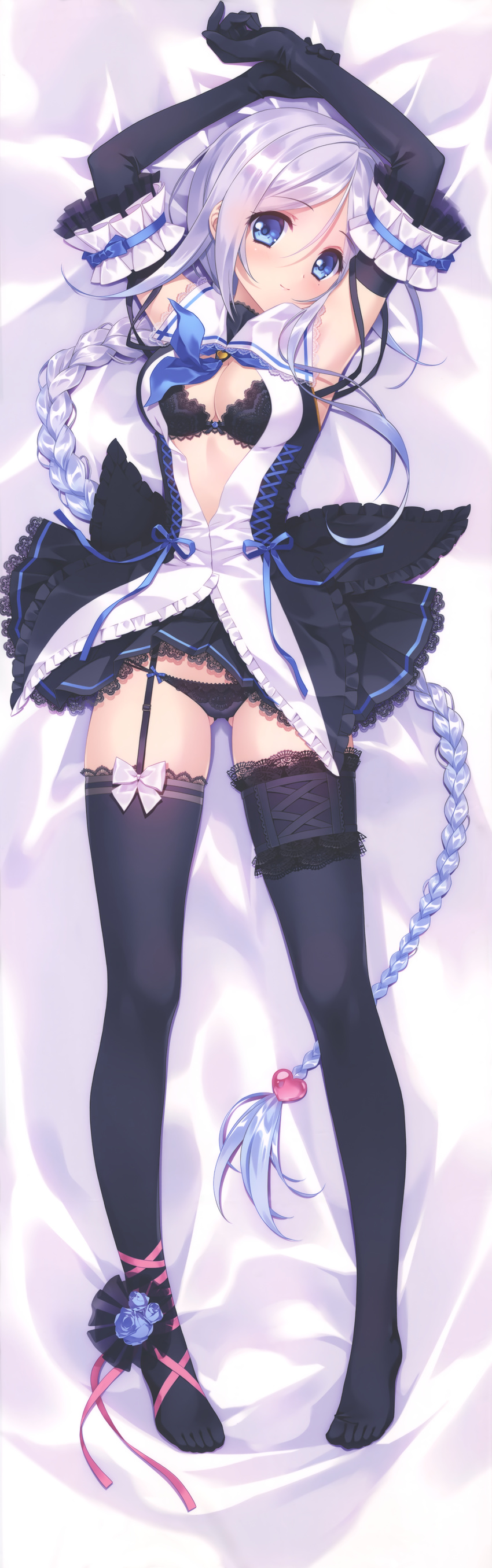absurdres ankle_ribbon armpits black_gloves black_legwear black_panties blue_eyes blush bra braid breasts carnelian cleavage dakimakura elbow_gloves full_body garter_straps gloves heart highres huge_filesize kantai_collection long_hair looking_at_viewer lying mole mole_under_eye no_shoes on_back panties ribbon single_braid skirt small_breasts smile solo thighhighs umikaze_(kantai_collection) underwear