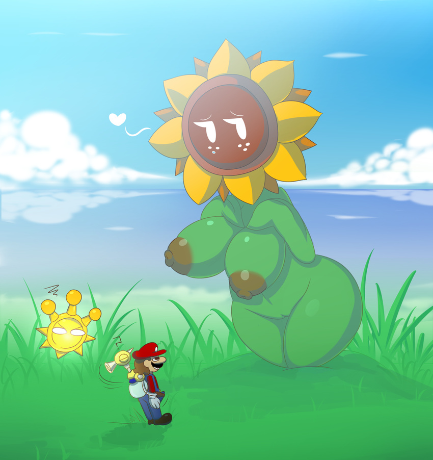 &lt;3 breasts brown_nipples elfdrago female flora_fauna flower freckles male mario mario_bros nintendo nipples plant pussy shine_sprite sunflower sunflower_kid super_mario_sunshine video_games wide_hips