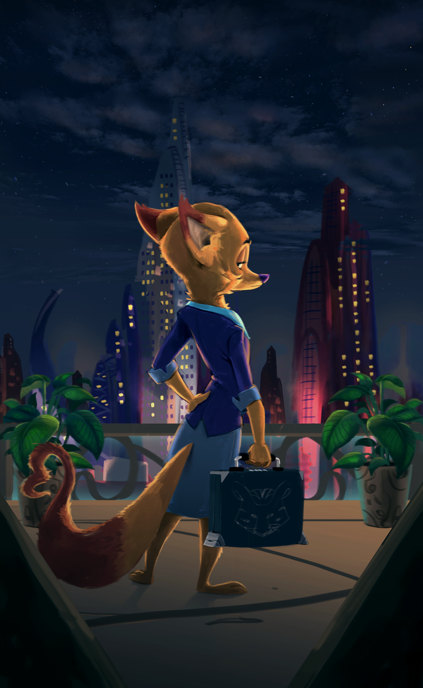 anthro balcony barefoot briefcase canine city cityscape clothed clothing disney fan_character female fox half-closed_eyes looking_at_viewer looking_back mammal megan_fawkes night outside plant potted_plant rear_view ruffu skirt solo suit zootopia