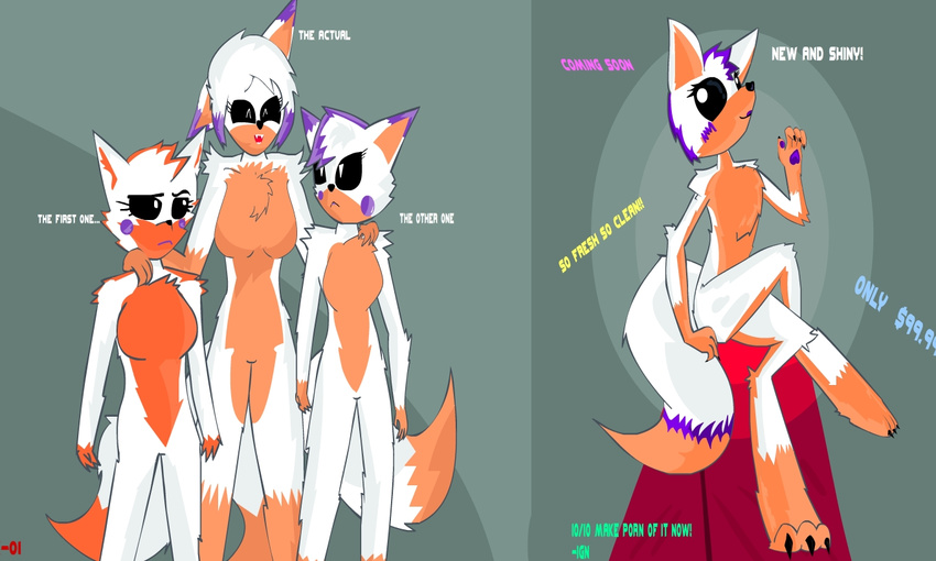 ... 2016 animatronic anthro black_nose breasts canine digital_media_(artwork) e-01_(artist) english_text featureless_breasts female five_nights_at_freddy's five_nights_at_freddy's_world fox fur hair humor lolbit_(fnaf) machine mammal multicolored_fur nails open_mouth orange_fur purple_fur robot simple_background size_difference smile tagme teeth text video_games what white_fur