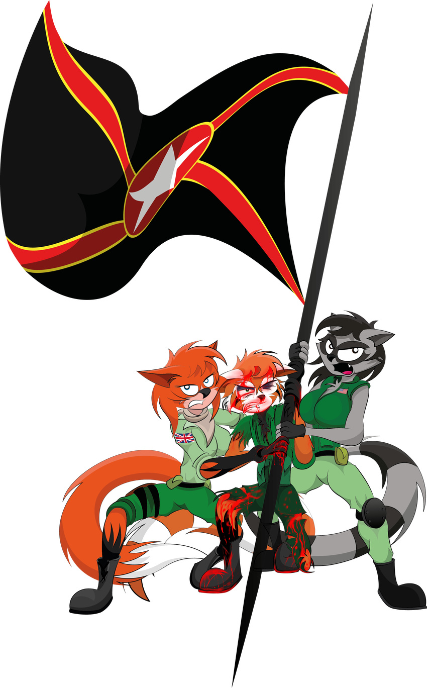 anthro blood canine flag fox gonein10seconds mammal raccoon redpanda riley shelby soldier sylvia