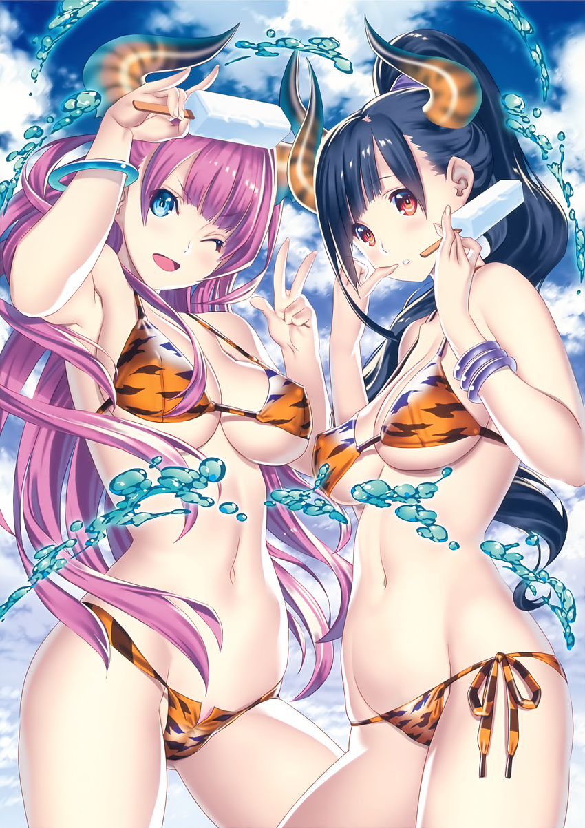 ;d \n/ absurdres animal_print ass_visible_through_thighs bangs bikini black_hair blue_eyes bracelet breasts contrapposto covered_nipples cowboy_shot cropped day finger_to_mouth fingernails food groin hair_over_breasts high_ponytail highres horns itou_ben jewelry large_breasts long_fingernails long_hair medium_breasts multiple_girls navel non-web_source one_eye_closed open_mouth parted_lips pink_hair popsicle print_bikini red_eyes scan side-tie_bikini smile standing swimsuit tiger_print toranoana underboob v-shaped_eyebrows very_long_hair w water
