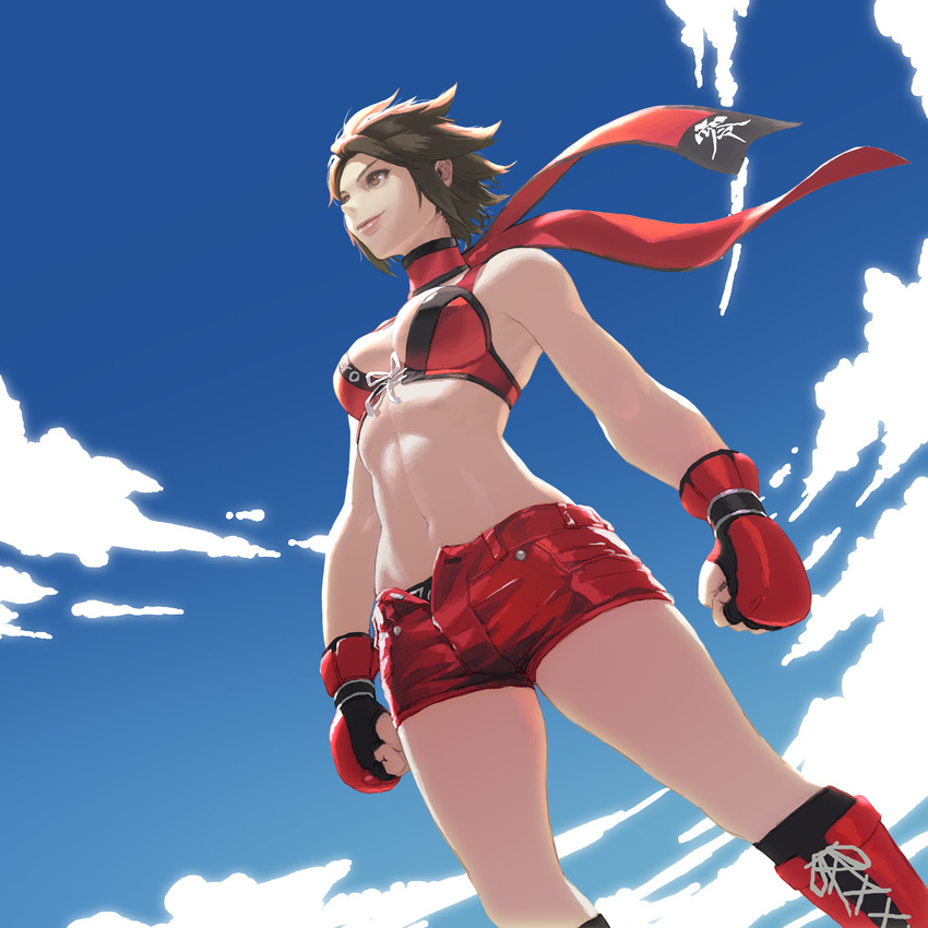 black_hair boots boxing_gloves cloud day from_below highres hinomoto_reiko loped midriff red_eyes rumble_roses scarf short_hair shorts sky smile solo