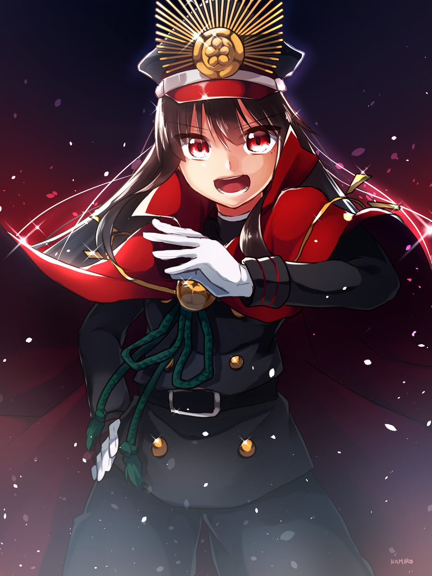 :d bad_id bad_pixiv_id belt black_hair cape commentary_request cowboy_shot family_crest fate_(series) gloves hand_on_hip hat hat_ornament highres ichiren_namiro koha-ace long_hair long_sleeves looking_at_viewer military military_uniform oda_nobunaga_(fate) oda_uri open_mouth peaked_cap red_eyes smile solo uniform white_gloves
