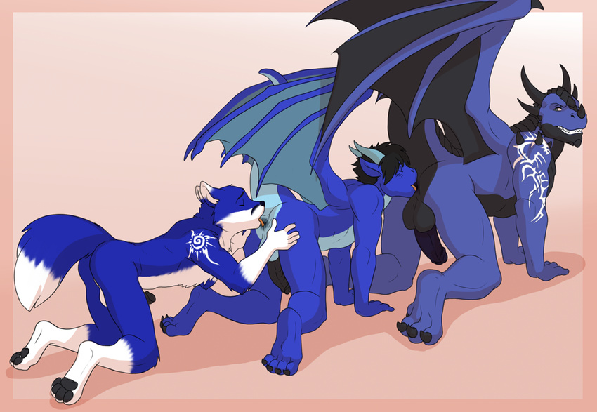 all_fours anal anus balls blue_fur blue_skin butt canine dragon erection eyes_closed fox fur hybrid licking male male/male mammal nik omni_(character) oral penis rimming sex simple_background sonicfox tongue tongue_out wolf