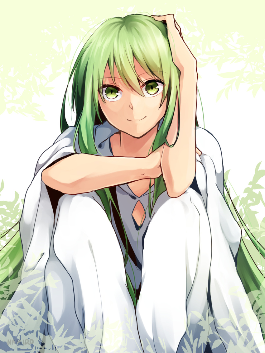 bad_id bad_pixiv_id cape commentary_request enkidu_(fate/strange_fake) fate/strange_fake fate_(series) green_eyes green_hair highres ichiren_namiro knees_to_chest long_hair looking_at_viewer robe sidelocks sitting smile solo very_long_hair white_robe