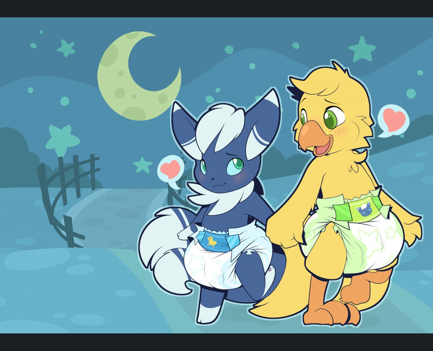 &lt;3 anthro avian beak bird blush cub cuddlehooves diaper duck duo feathers fence fur grass green_eyes grey_fur hair hand_holding male meowstic miltiple_tails moon night nintendo pok&eacute;mon romantic_couple sky star tree video_games walking white_hair young