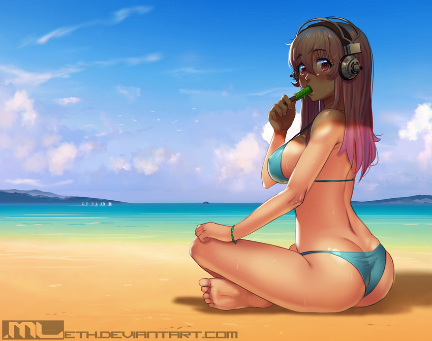 aqua_bikini ass barefoot beach bikini bird boat bracelet breasts butt_crack cloud covered_nipples day eating feet food food_in_mouth headphones ice_cream indian_style jewelry large_breasts long_hair looking_at_viewer looking_back mathias_leth nitroplus ocean outdoors pink_eyes pink_hair sail scenery shade shiny shiny_skin sitting skindentation soles solo strap_gap super_sonico sweat swimsuit toes water watercraft