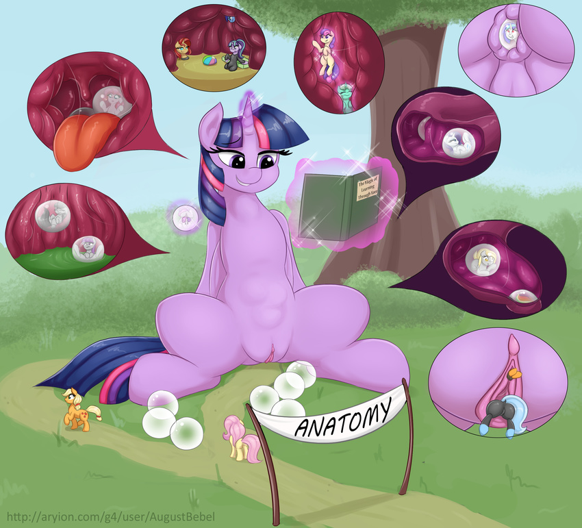 2016 ambiguous_gender anus applejack_(mlp) augustbebel blonde_hair bonbon_(mlp) book butt clothed clothing cub cutaway cutie_mark derpy_hooves_(mlp) earth_pony english_text equestria_girls equine eyes_closed female feral fluttershy_(mlp) friendship_is_magic glowing group hair hooves horn horse levitation long_hair lyra_heartstrings_(mlp) macro magic mammal maud_pie_(mlp) multicolored_hair my_little_pony octavia_(mlp) outside pink_hair pinkie_pie_(mlp) pony pussy rarity_(mlp) saliva sibling sisters smile spread_legs spreading starlight_glimmer_(mlp) sunset_shimmer_(eg) sweetie_belle_(mlp) text tongue tree twilight_sparkle_(mlp) two_tone_hair unbirthing unicorn vinyl_scratch_(mlp) vore young
