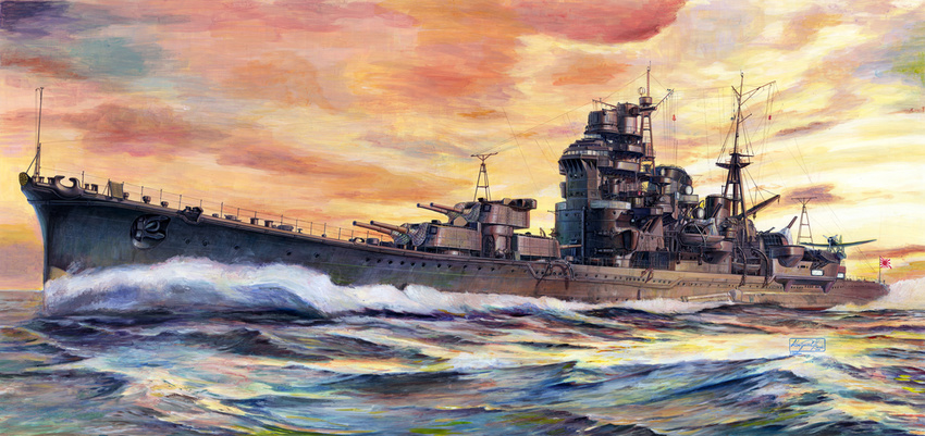 cannon cruiser imperial_japanese_navy japanese_flag kikumon koizumi_kazuaki_production military military_vehicle myoukou_(cruiser) no_humans ocean seaplane ship turret warship watercraft