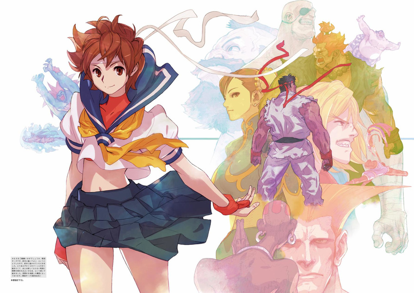 6+boys balrog bengus blanka blue_sailor_collar chun-li dhalsim gouki guile headband highres kasugano_sakura ken_masters m_bison midriff multiple_boys multiple_girls navel neckerchief official_art pleated_skirt ryuu_(street_fighter) sagat sailor_collar school_uniform simple_background skirt street_fighter vega white_background wind wind_lift zangief